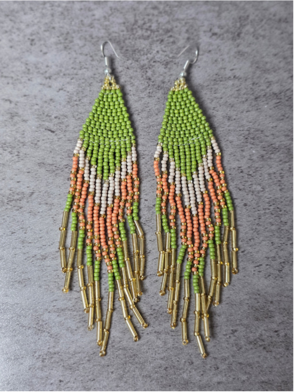 Handmade Olive Pea Boho Fringe Beaded Earrings - Green Pink Gold